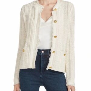 Tahari Cream Textured Cardigan with Gold Buttons